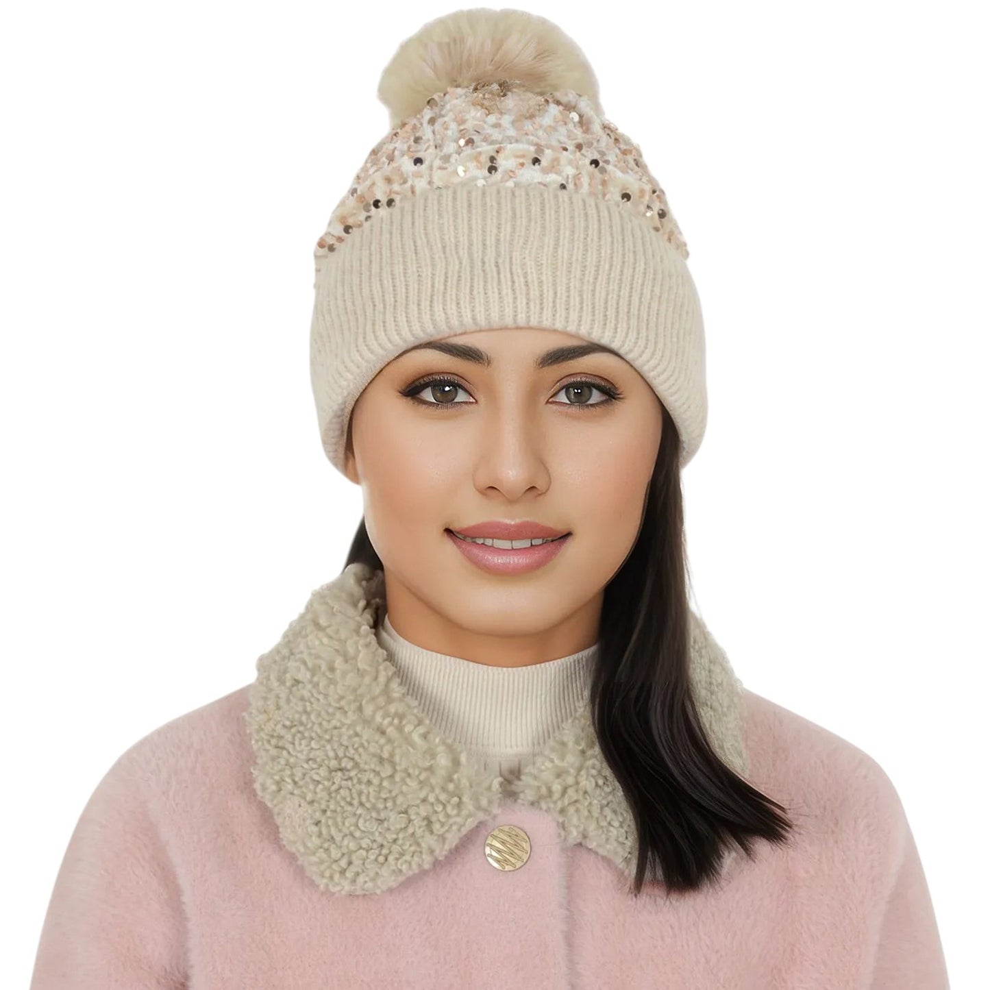 Sparkly Sequin Beanie Hat with Faux Fur Pom Pom Knit Skull Cap for Women