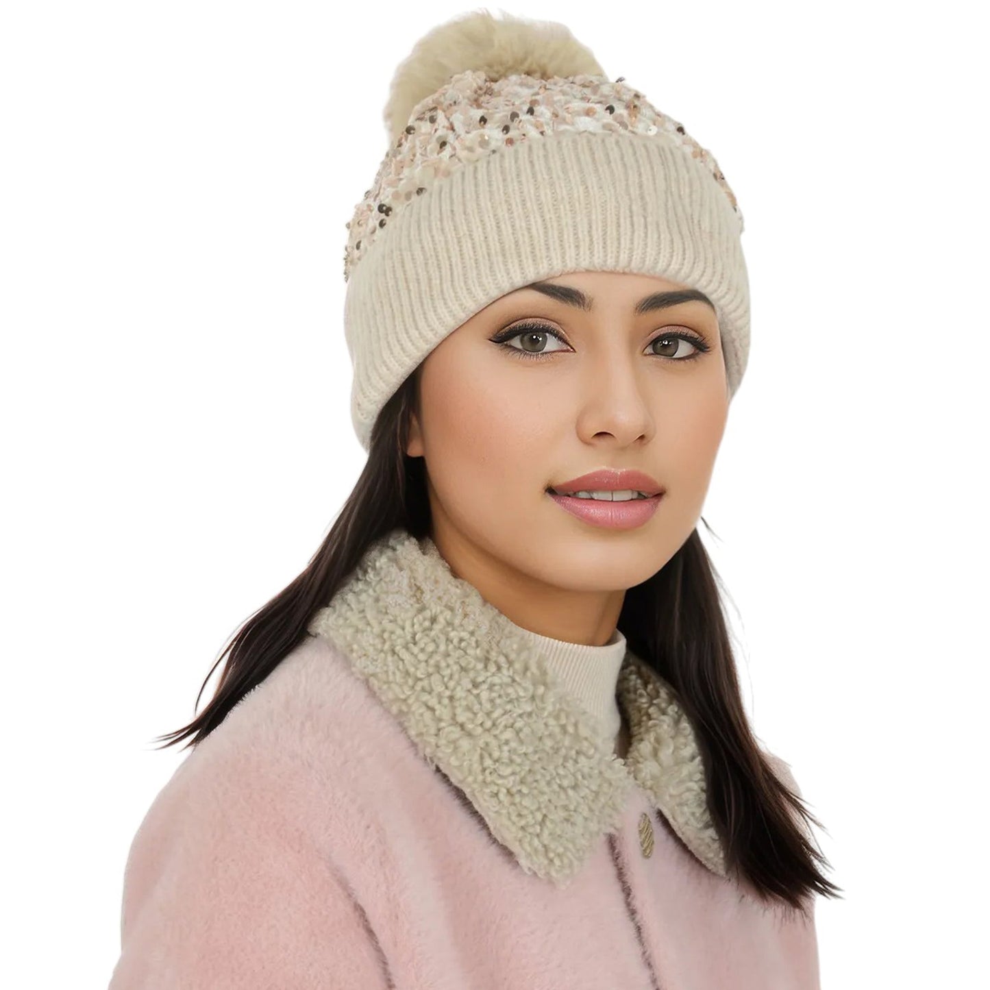 Sparkly Sequin Beanie Hat with Faux Fur Pom Pom Knit Skull Cap for Women