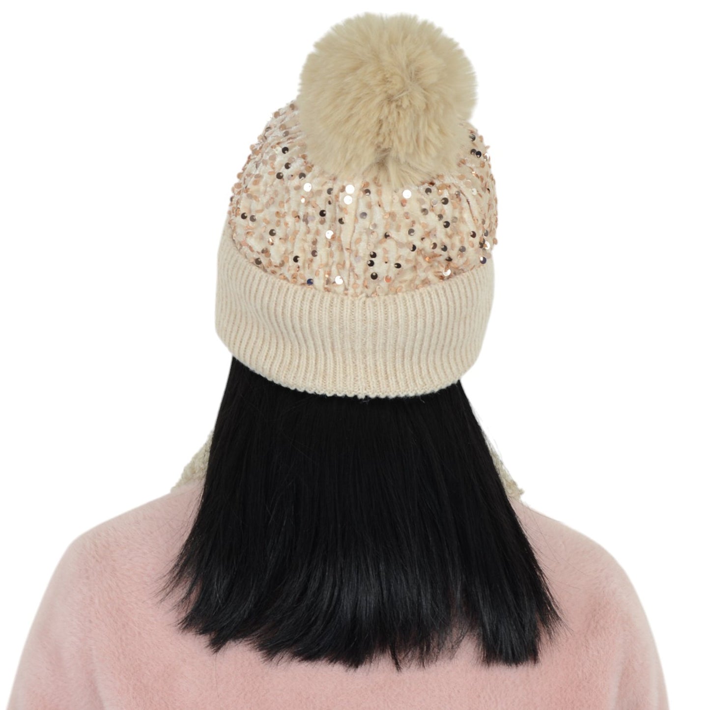 Sparkly Sequin Beanie Hat with Faux Fur Pom Pom Knit Skull Cap for Women