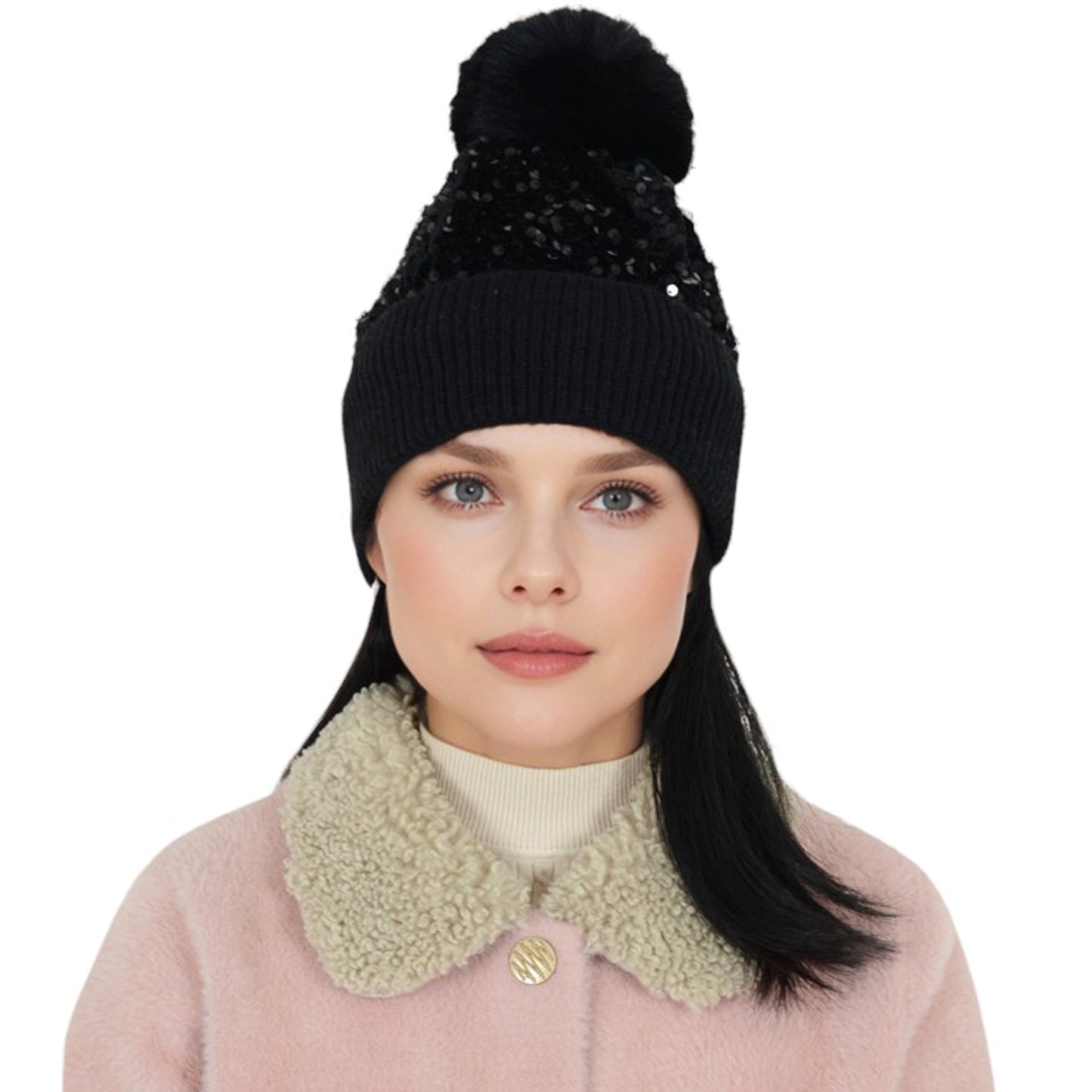 Sparkly Sequin Beanie Hat with Faux Fur Pom Pom Knit Skull Cap for Women