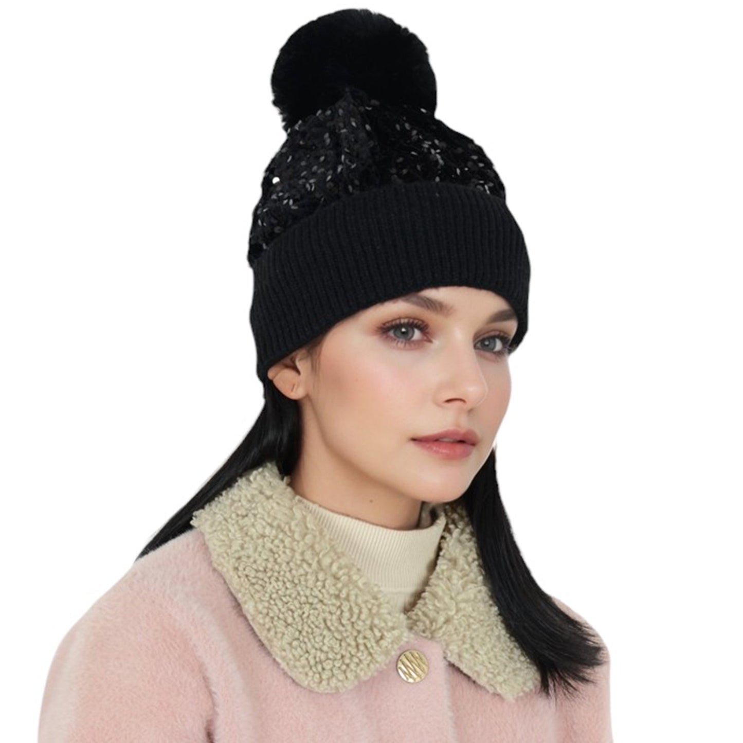 Sparkly Sequin Beanie Hat with Faux Fur Pom Pom Knit Skull Cap for Women