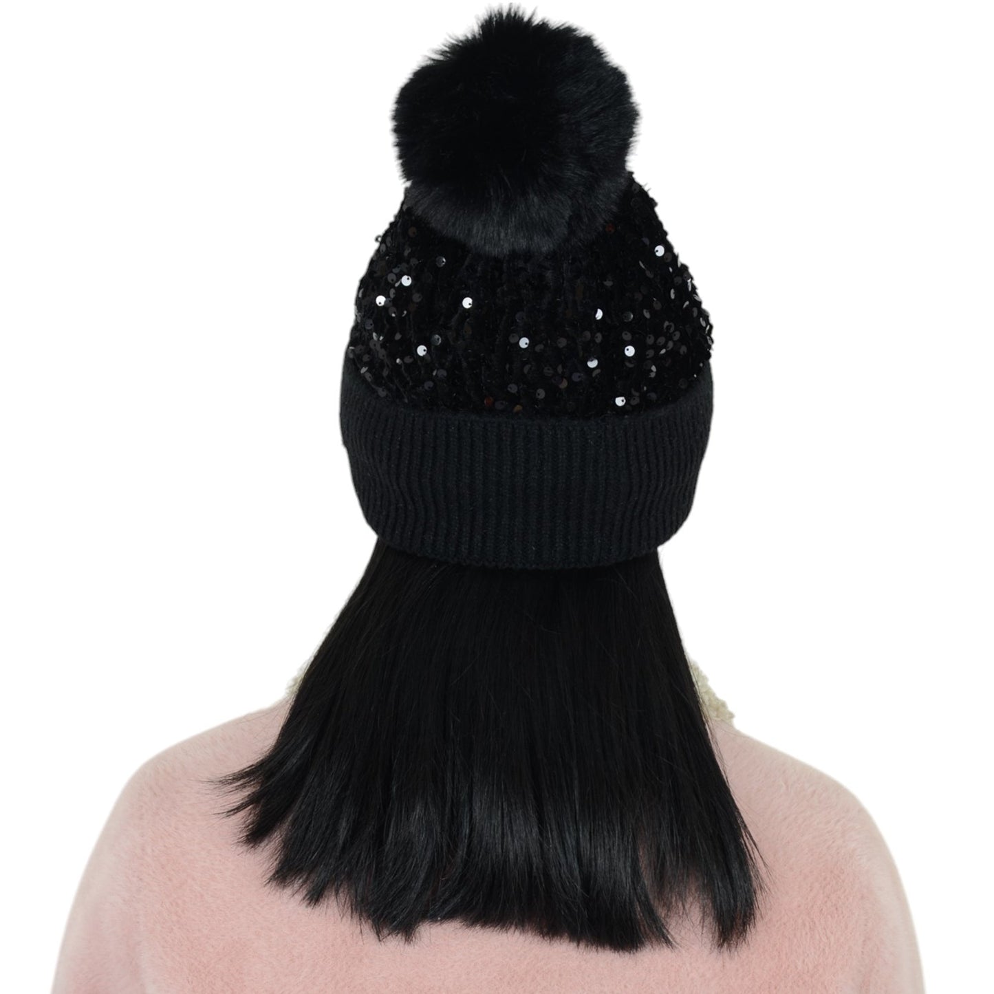 Sparkly Sequin Beanie Hat with Faux Fur Pom Pom Knit Skull Cap for Women