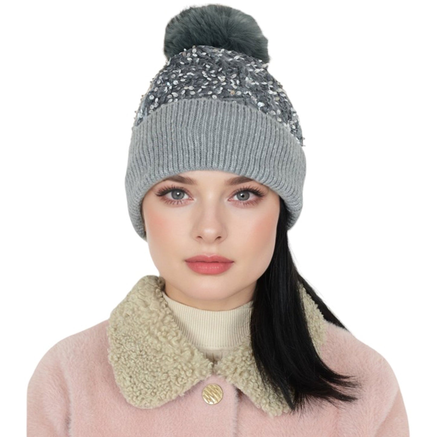 Sparkly Sequin Beanie Hat with Faux Fur Pom Pom Knit Skull Cap for Women