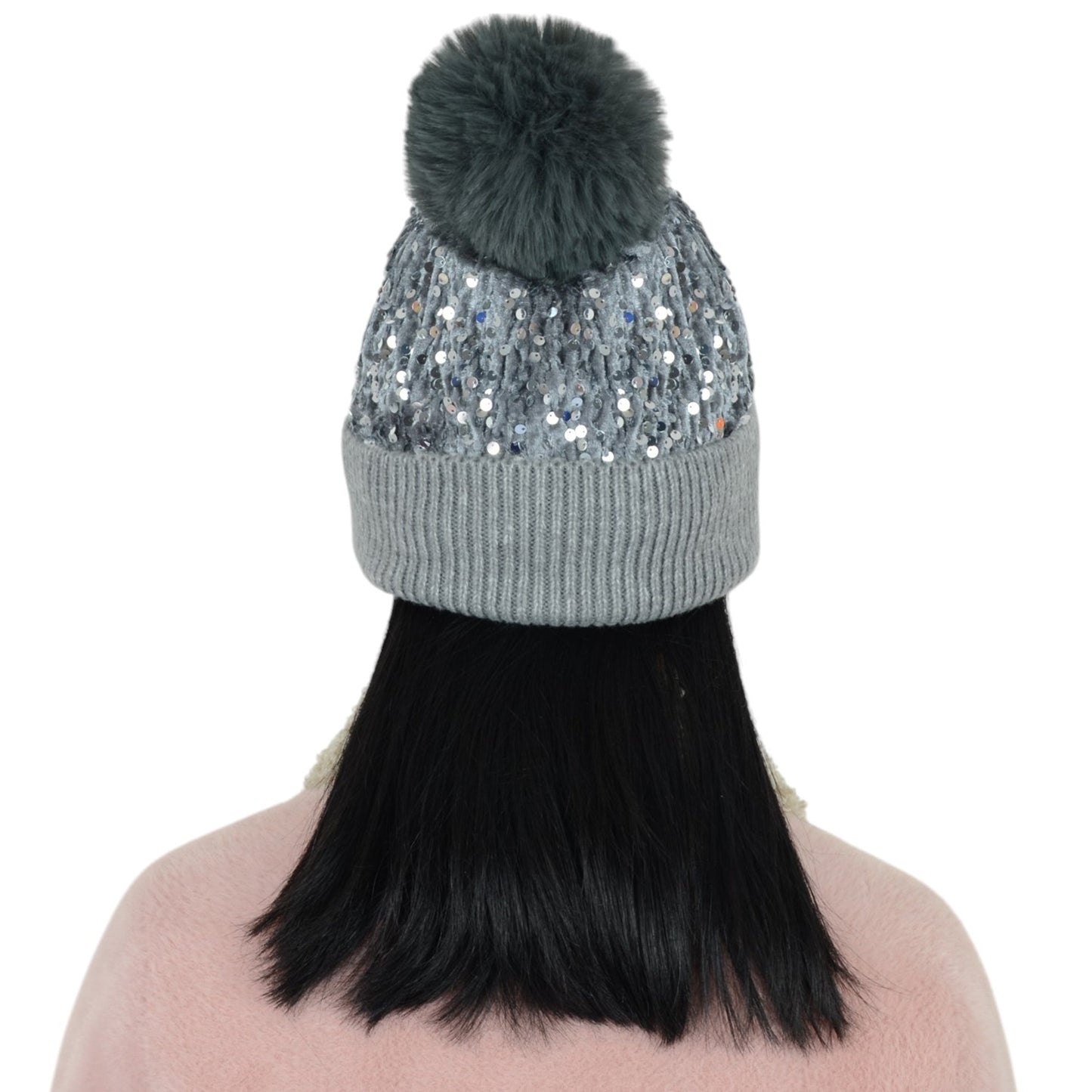 Sparkly Sequin Beanie Hat with Faux Fur Pom Pom Knit Skull Cap for Women