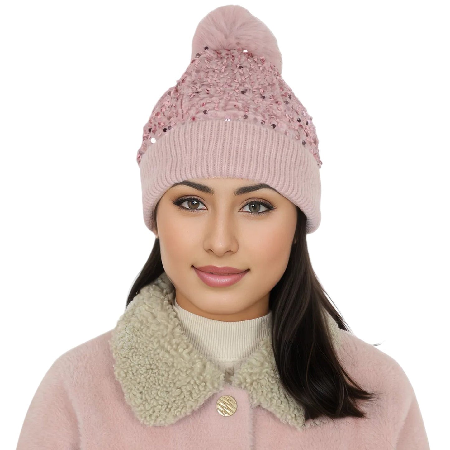 Sparkly Sequin Beanie Hat with Faux Fur Pom Pom Knit Skull Cap for Women