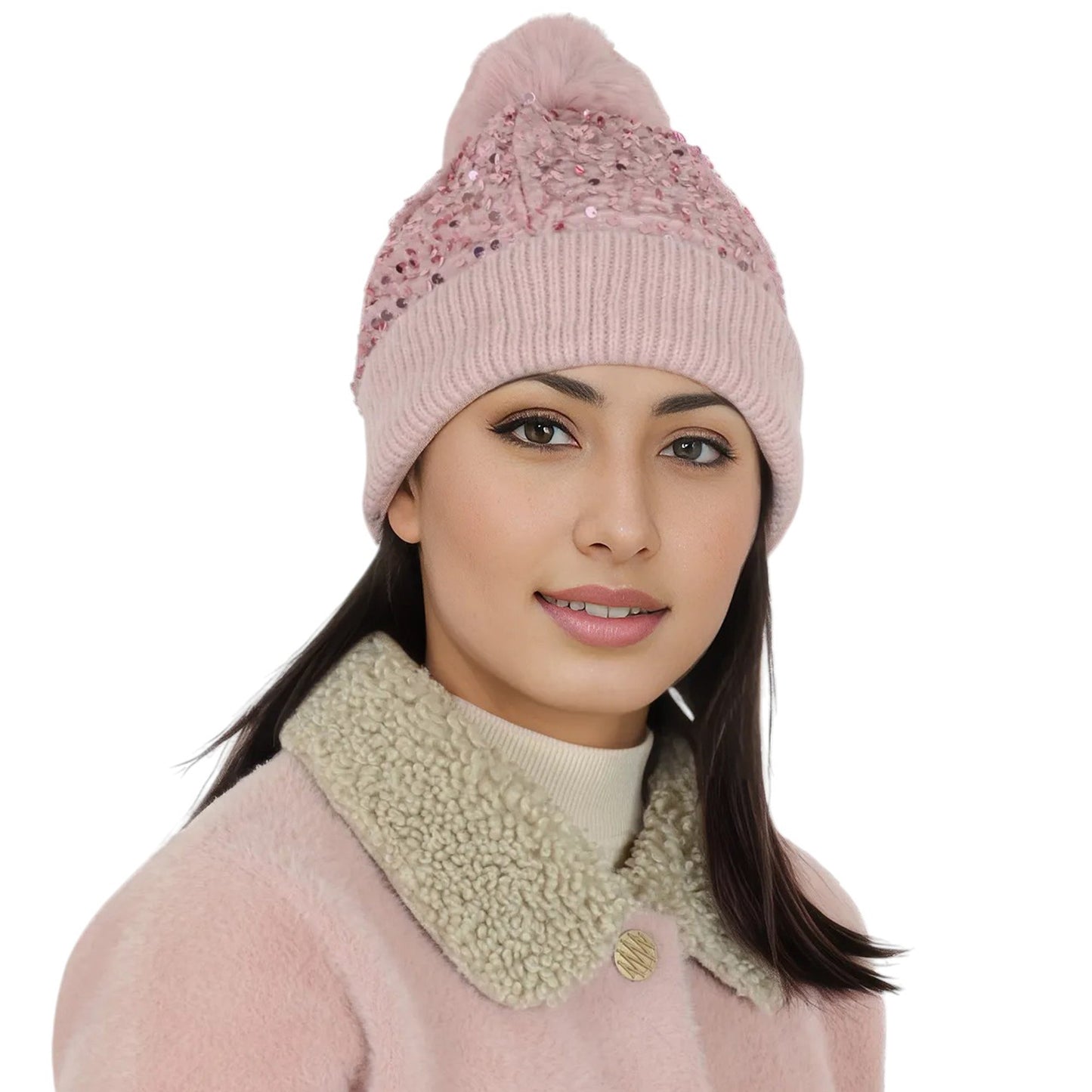 Sparkly Sequin Beanie Hat with Faux Fur Pom Pom Knit Skull Cap for Women