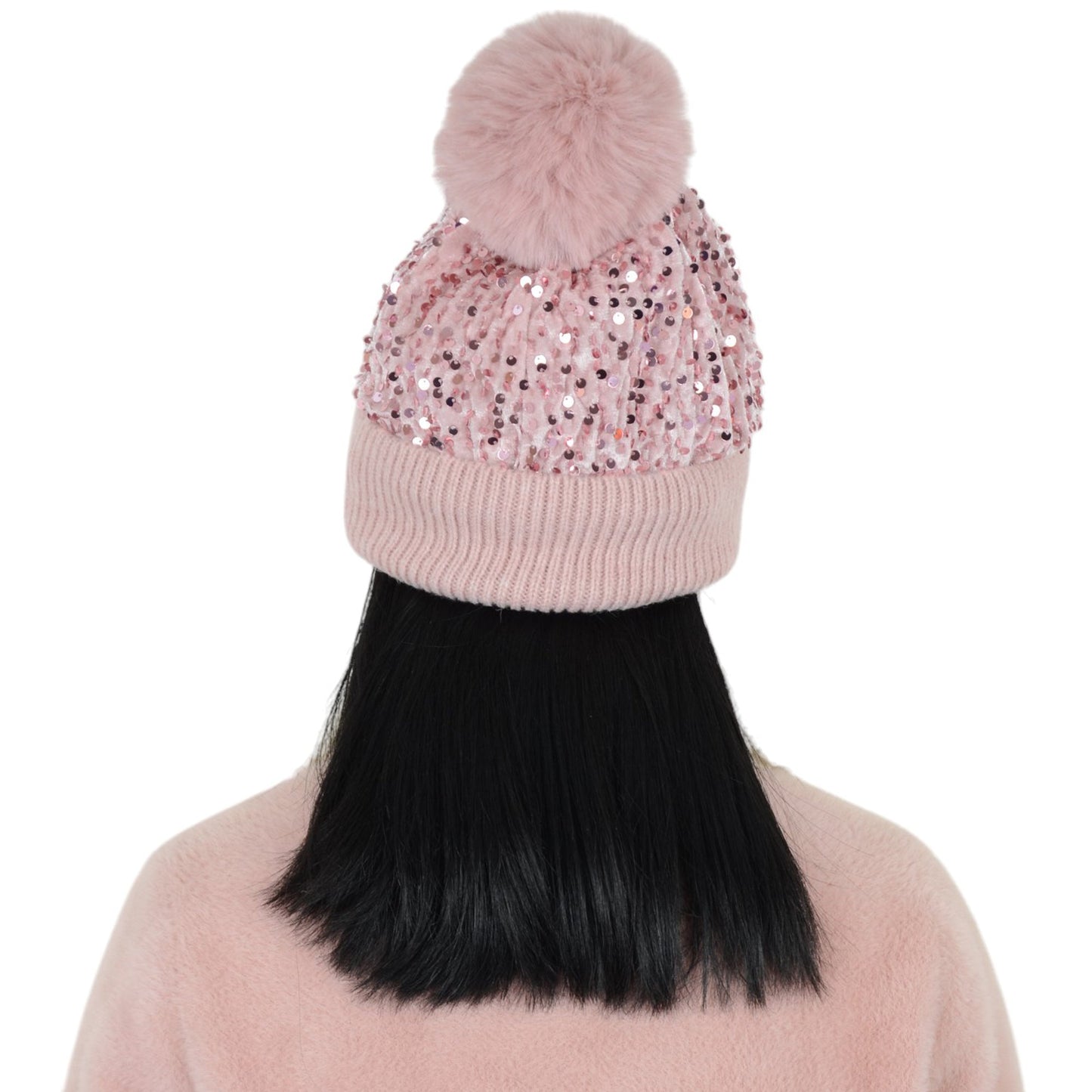 Sparkly Sequin Beanie Hat with Faux Fur Pom Pom Knit Skull Cap for Women