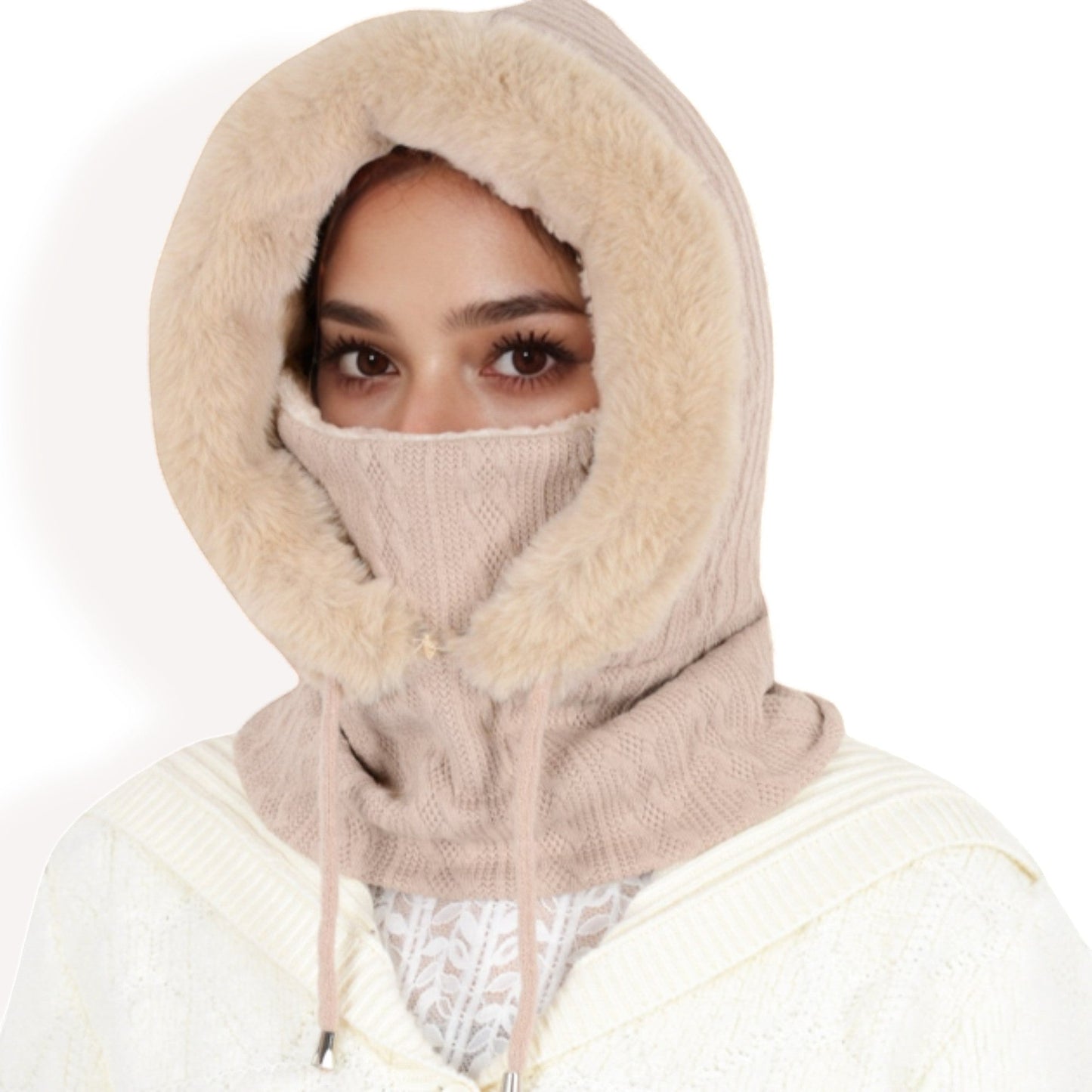 Faux Fur Lined Knit Hooded Scarf with Adjustable Drawstring and Full Coverage for Winter Warmth