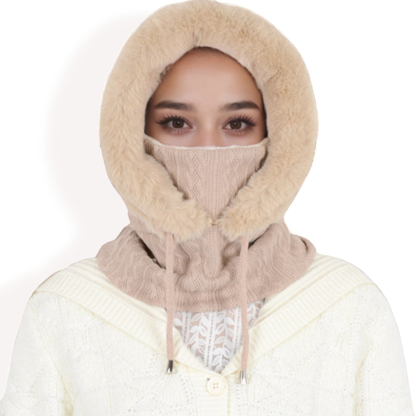 Faux Fur Lined Knit Hooded Scarf with Adjustable Drawstring and Full Coverage for Winter Warmth