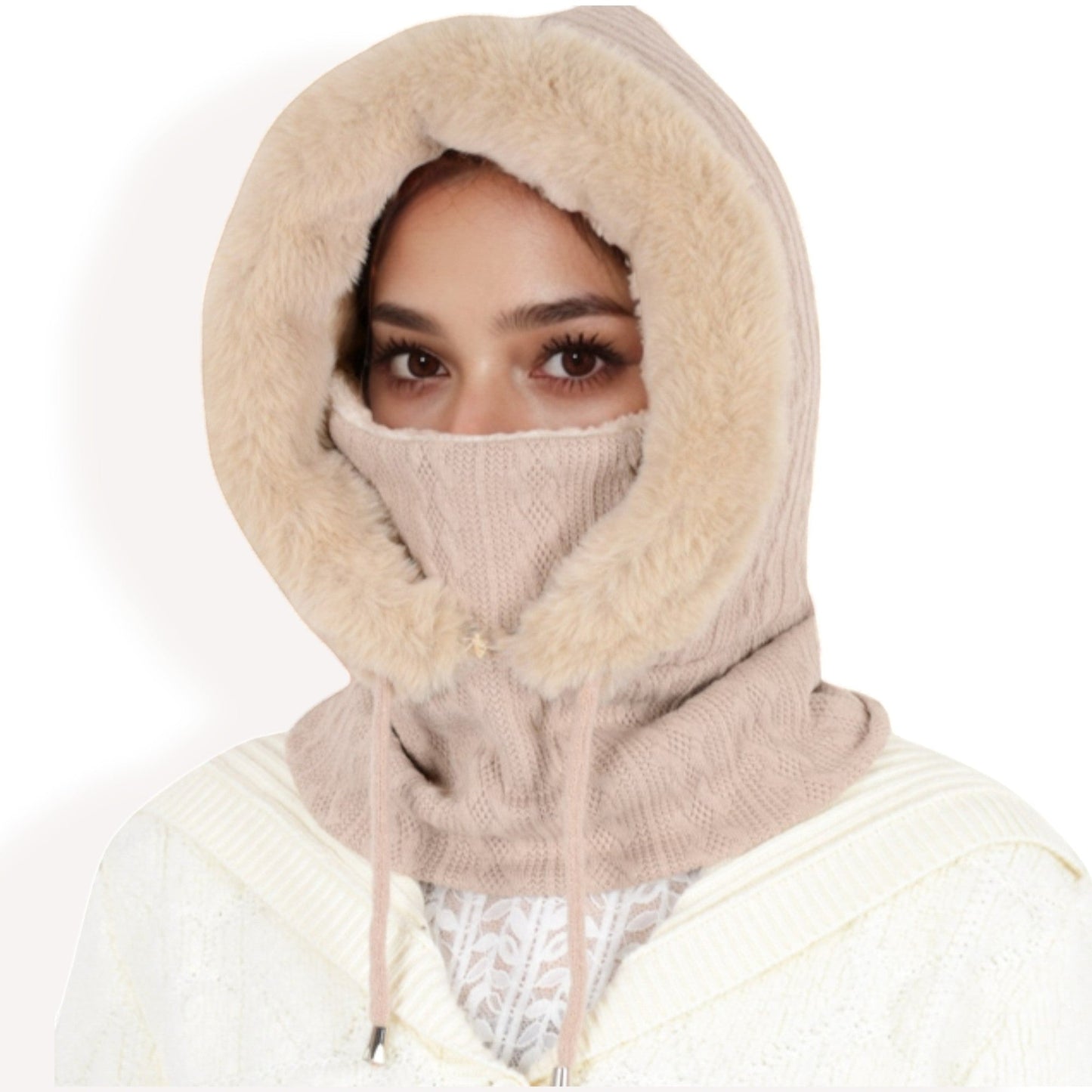 Faux Fur Lined Knit Hooded Scarf with Adjustable Drawstring and Full Coverage for Winter Warmth