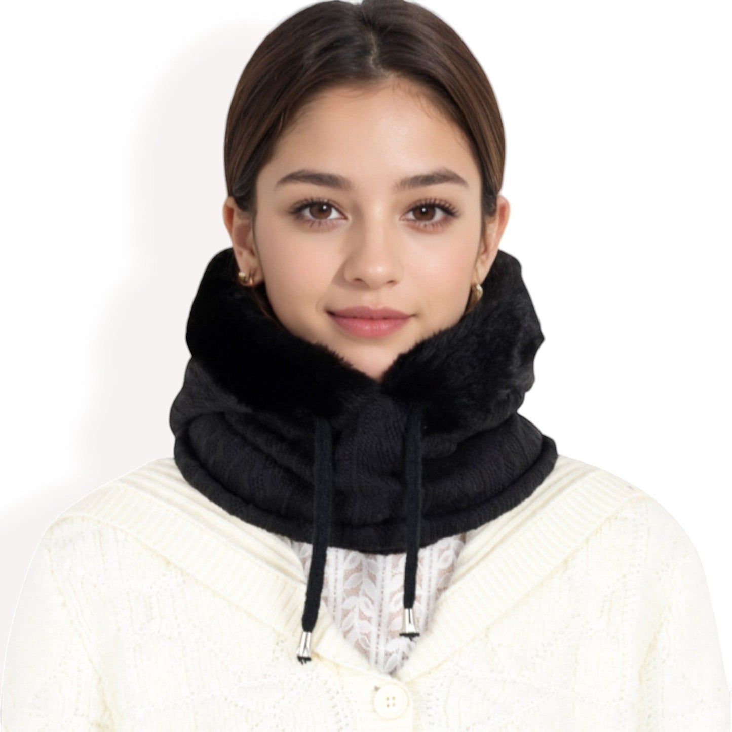 Faux Fur Lined Knit Hooded Scarf with Adjustable Drawstring and Full Coverage for Winter Warmth