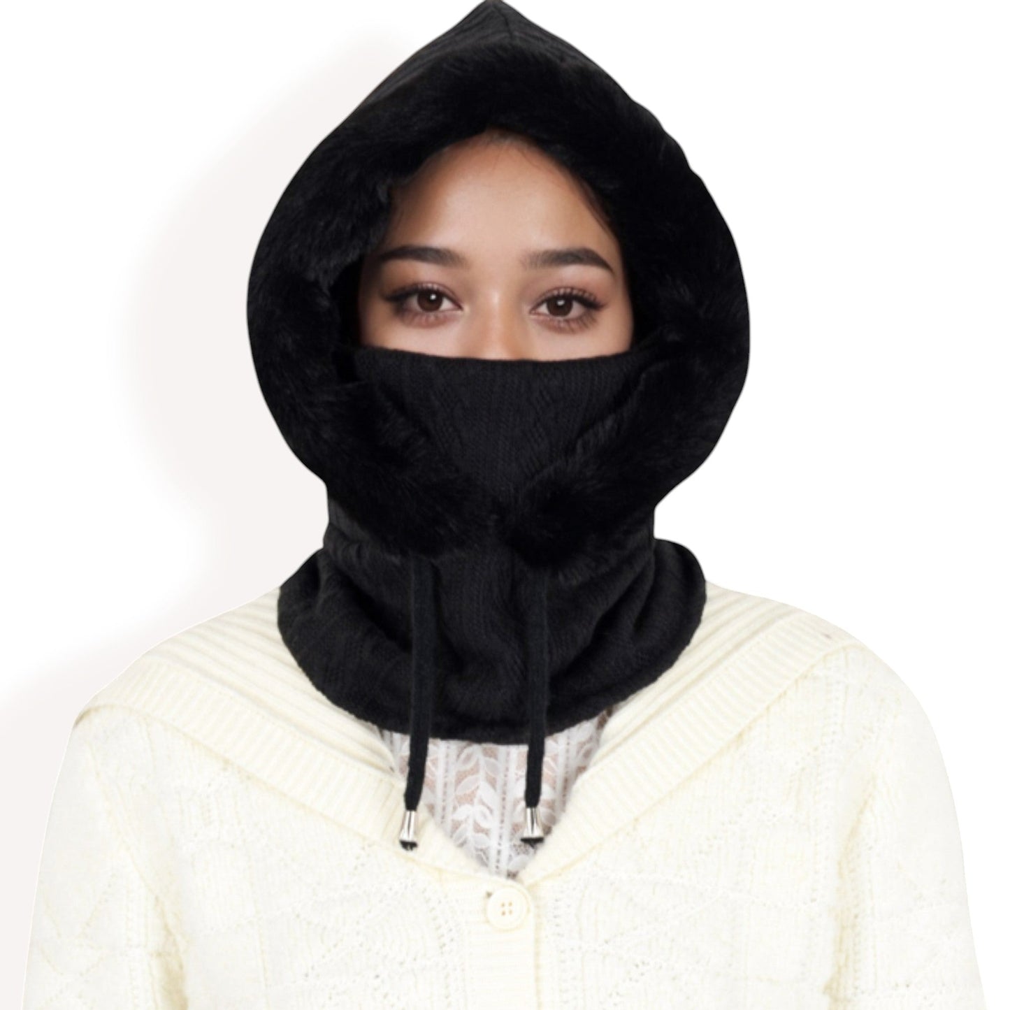 Faux Fur Lined Knit Hooded Scarf with Adjustable Drawstring and Full Coverage for Winter Warmth