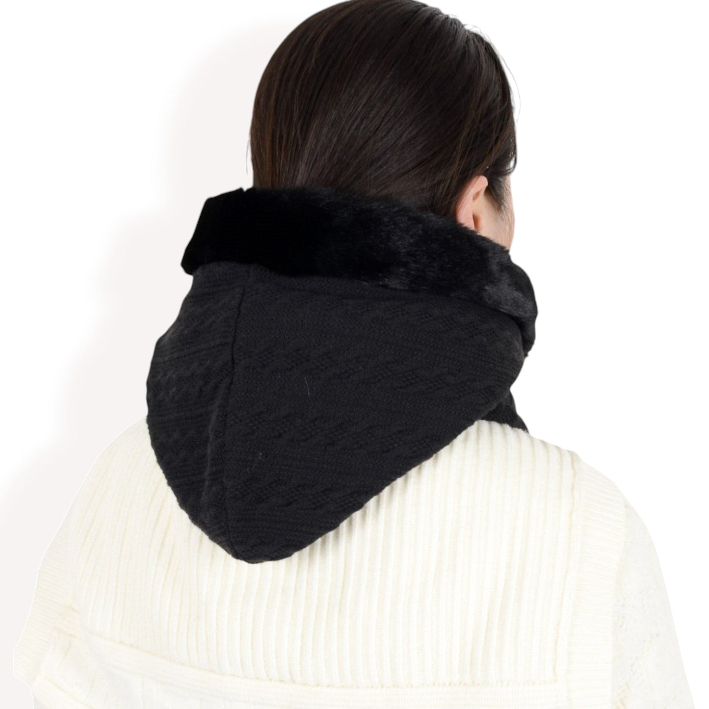 Faux Fur Lined Knit Hooded Scarf with Adjustable Drawstring and Full Coverage for Winter Warmth