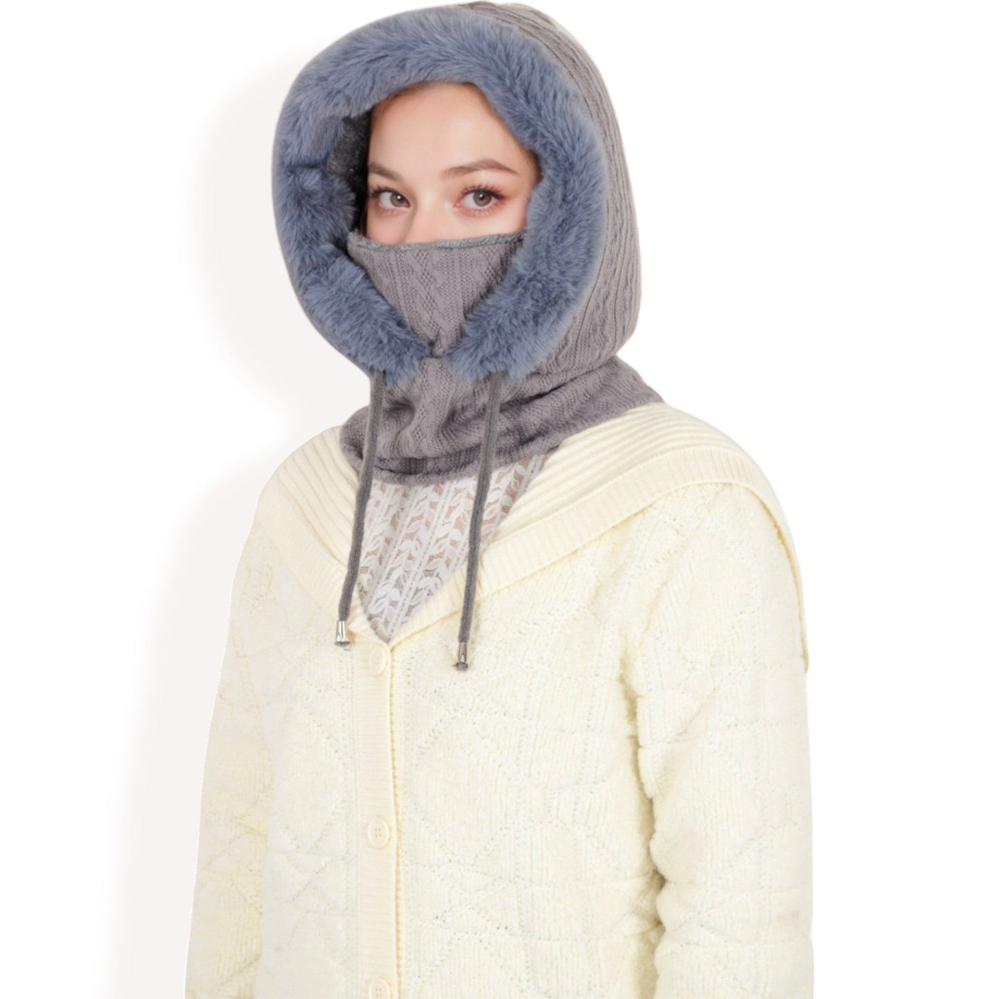 Faux Fur Lined Knit Hooded Scarf with Adjustable Drawstring and Full Coverage for Winter Warmth