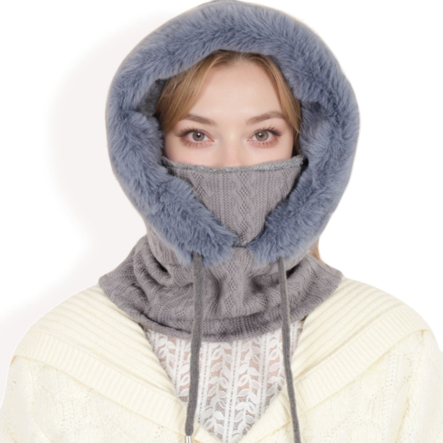 Faux Fur Lined Knit Hooded Scarf with Adjustable Drawstring and Full Coverage for Winter Warmth