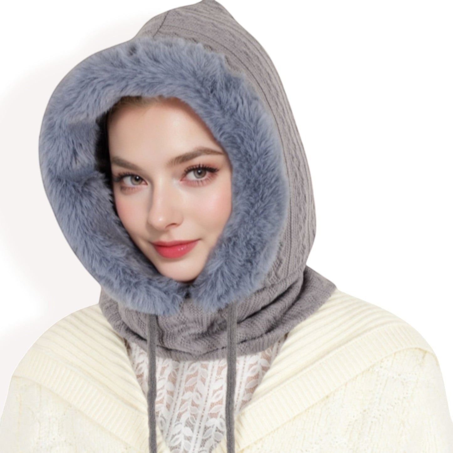 Faux Fur Lined Knit Hooded Scarf with Adjustable Drawstring and Full Coverage for Winter Warmth