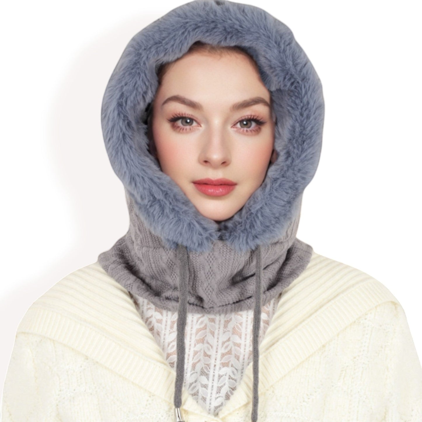 Faux Fur Lined Knit Hooded Scarf with Adjustable Drawstring and Full Coverage for Winter Warmth