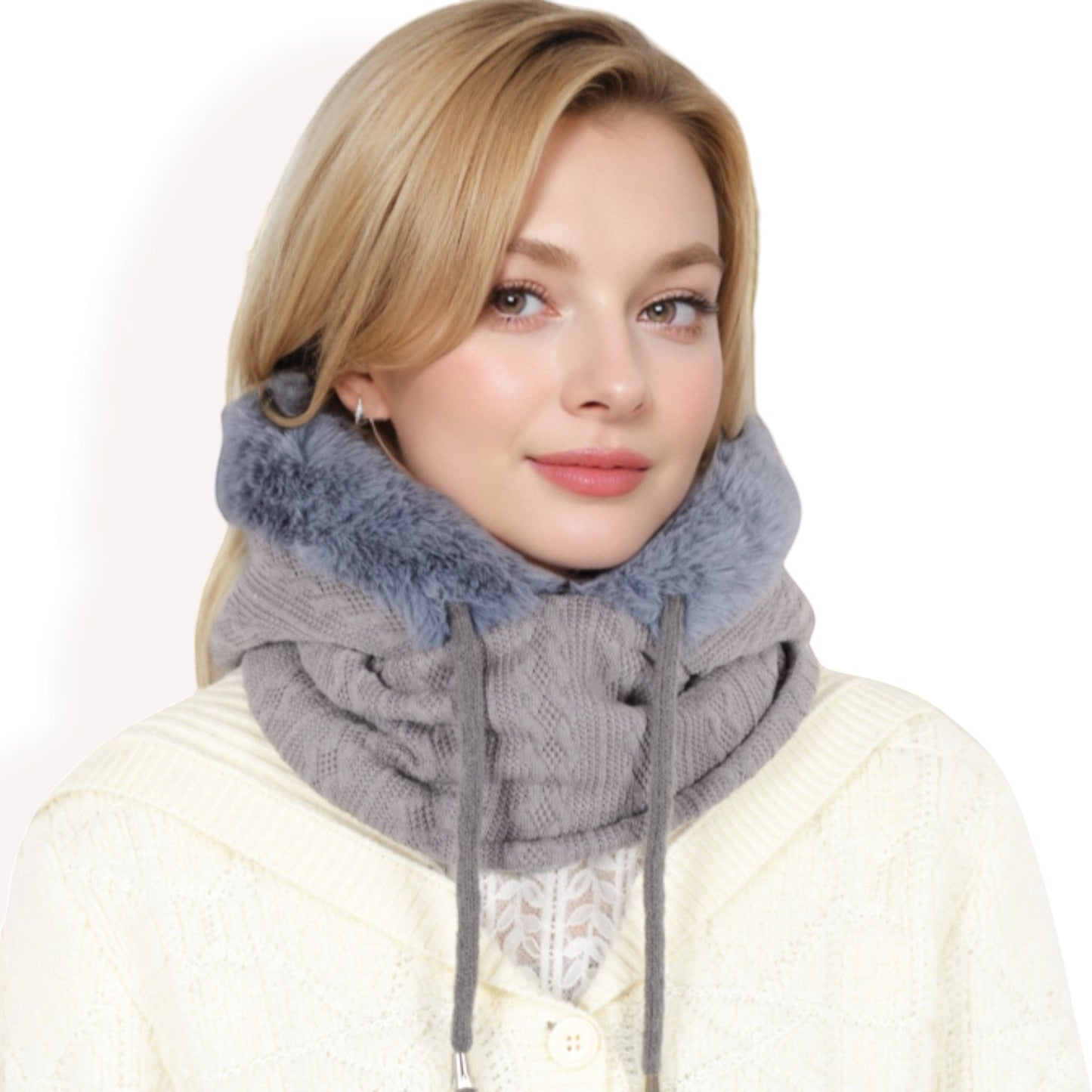 Faux Fur Lined Knit Hooded Scarf with Adjustable Drawstring and Full Coverage for Winter Warmth