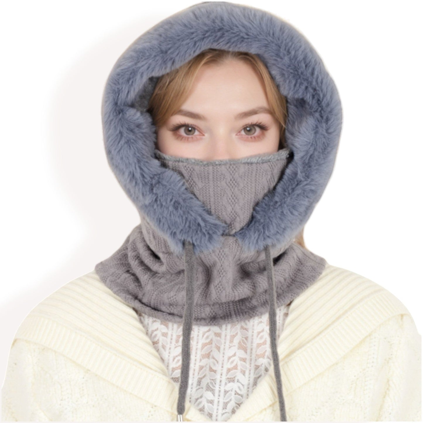 Faux Fur Lined Knit Hooded Scarf with Adjustable Drawstring and Full Coverage for Winter Warmth