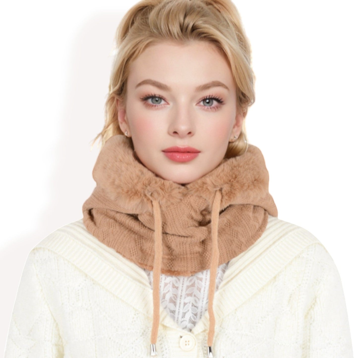 Faux Fur Lined Knit Hooded Scarf with Adjustable Drawstring and Full Coverage for Winter Warmth