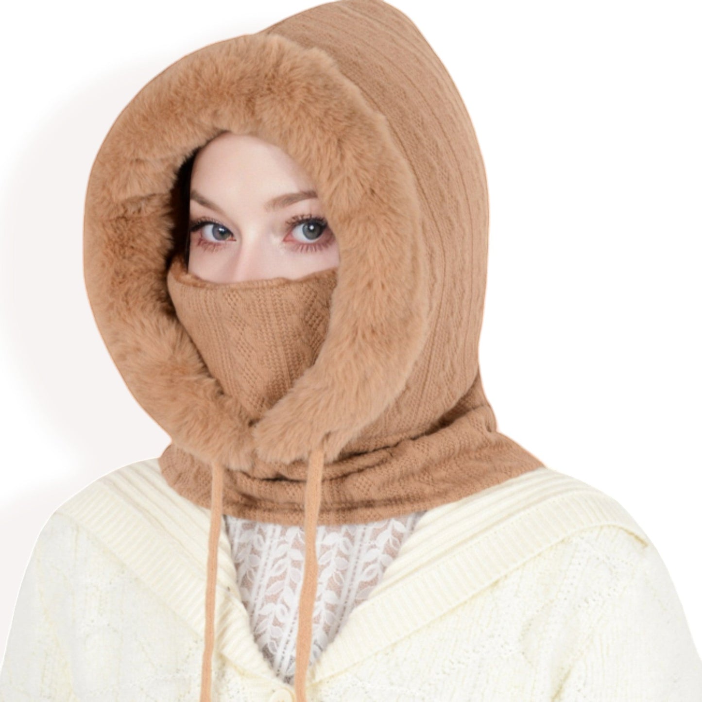 Faux Fur Lined Knit Hooded Scarf with Adjustable Drawstring and Full Coverage for Winter Warmth