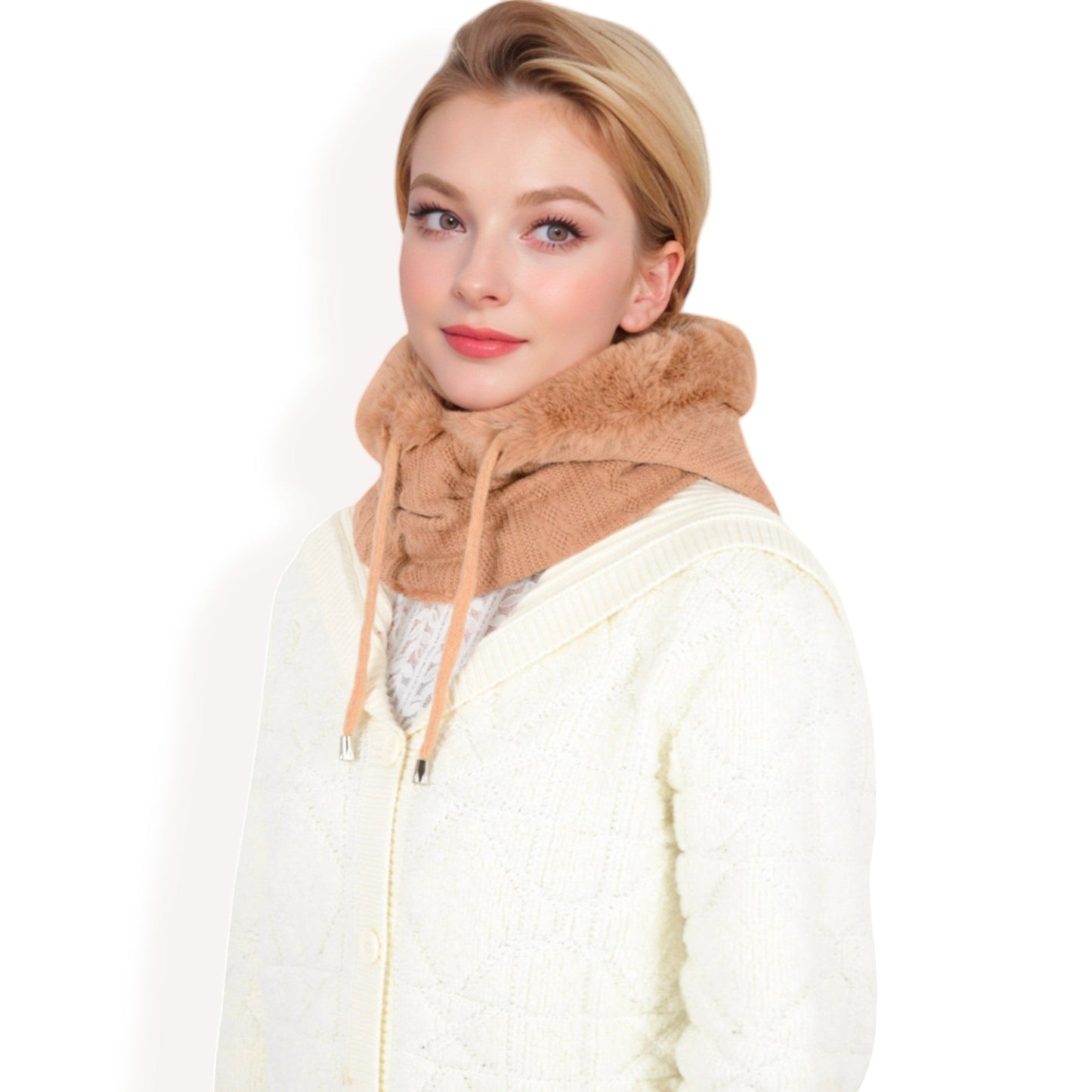 Faux Fur Lined Knit Hooded Scarf with Adjustable Drawstring and Full Coverage for Winter Warmth