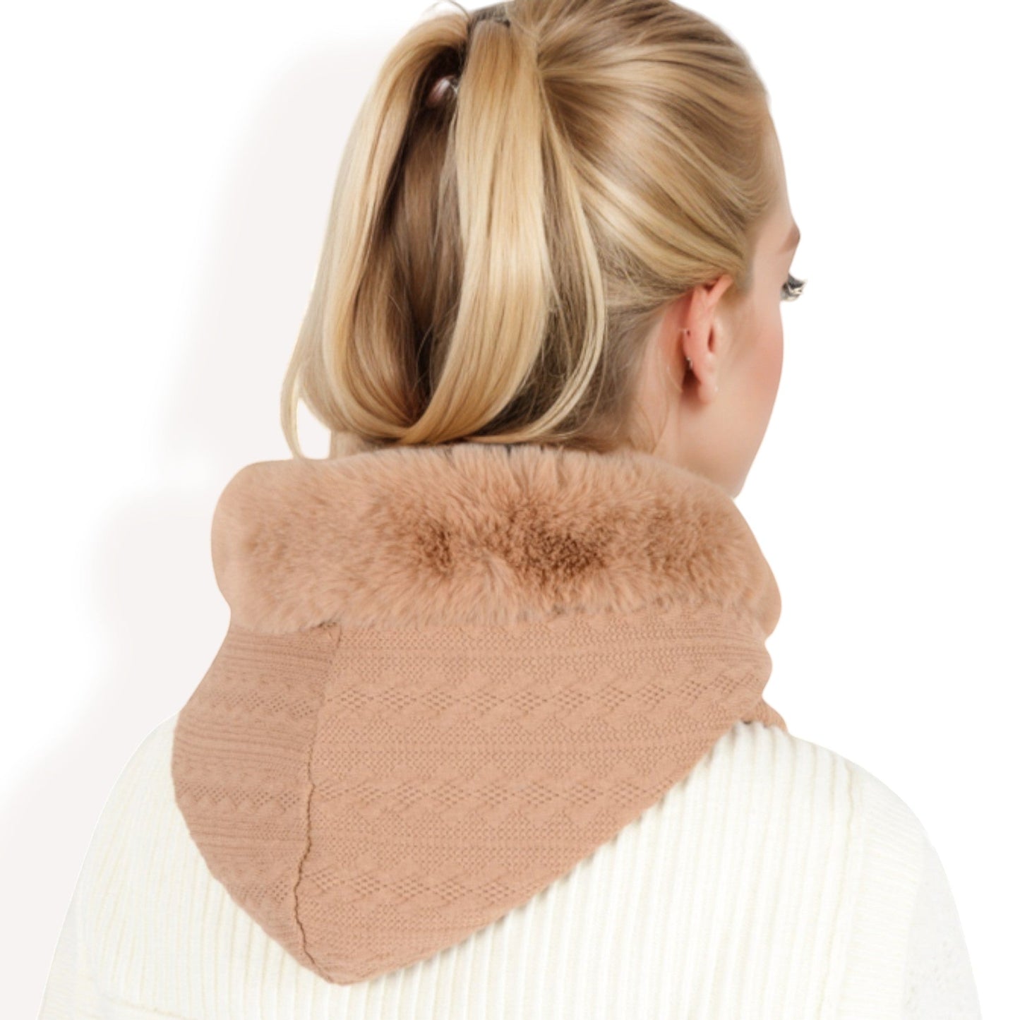 Faux Fur Lined Knit Hooded Scarf with Adjustable Drawstring and Full Coverage for Winter Warmth