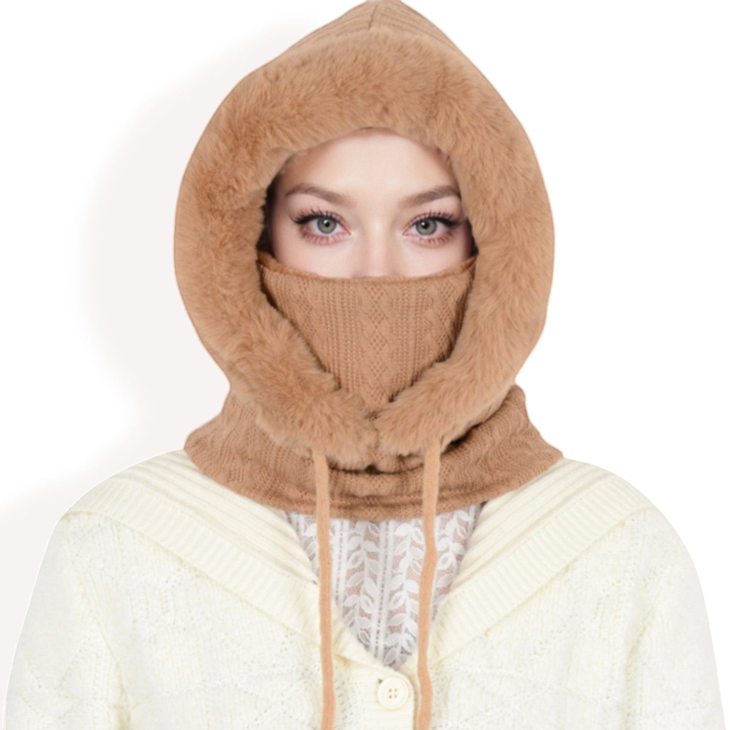 Faux Fur Lined Knit Hooded Scarf with Adjustable Drawstring and Full Coverage for Winter Warmth