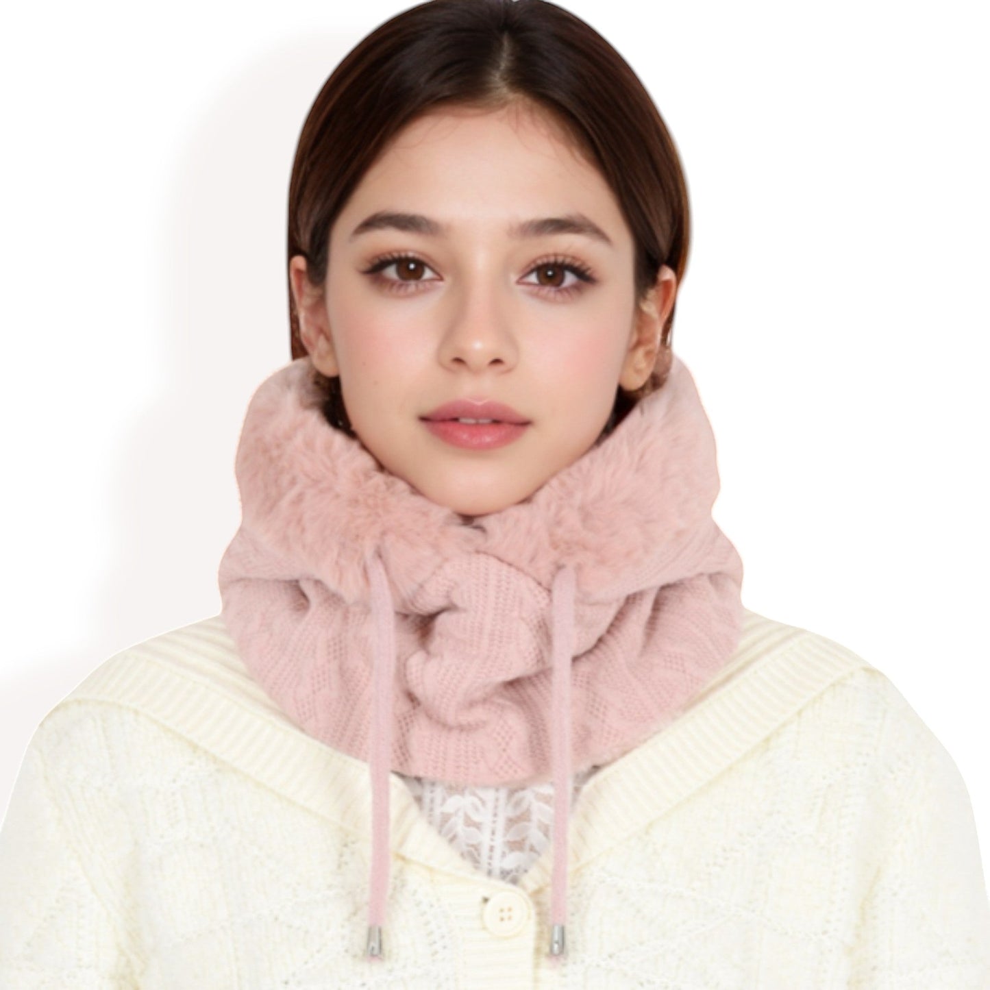 Faux Fur Lined Knit Hooded Scarf with Adjustable Drawstring and Full Coverage for Winter Warmth