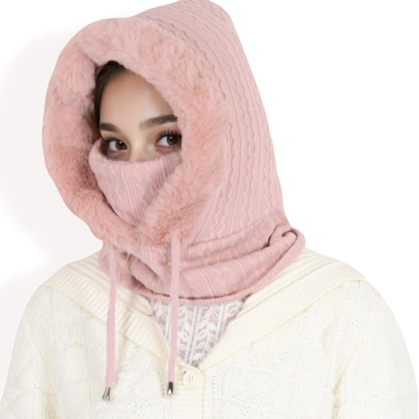 Faux Fur Lined Knit Hooded Scarf with Adjustable Drawstring and Full Coverage for Winter Warmth