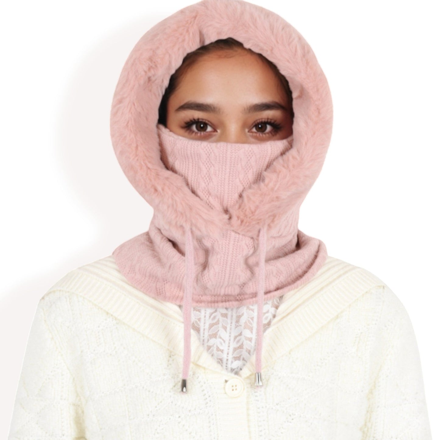 Faux Fur Lined Knit Hooded Scarf with Adjustable Drawstring and Full Coverage for Winter Warmth