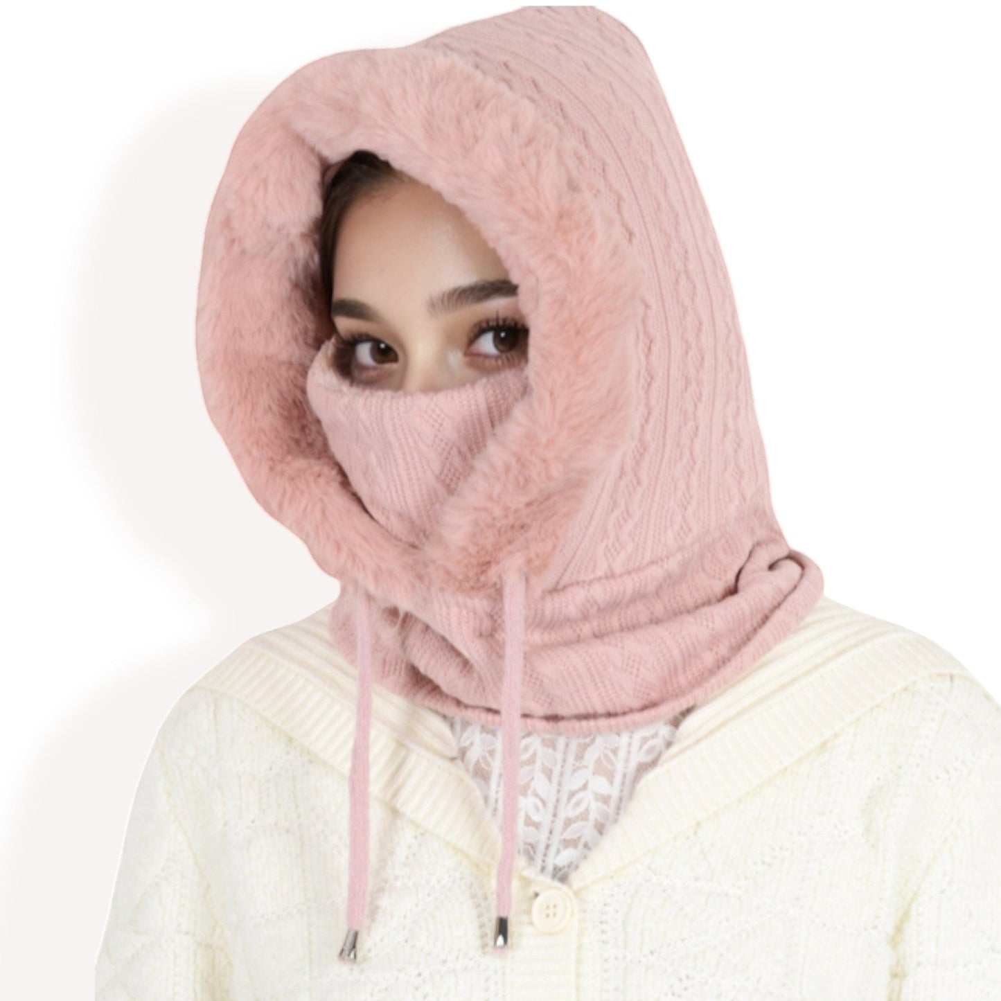 Faux Fur Lined Knit Hooded Scarf with Adjustable Drawstring and Full Coverage for Winter Warmth