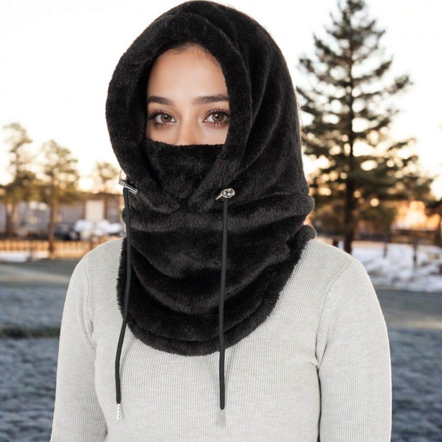 Faux Shearling Hooded Scarf with Adjustable Drawstrings and Extended Neck Coverage