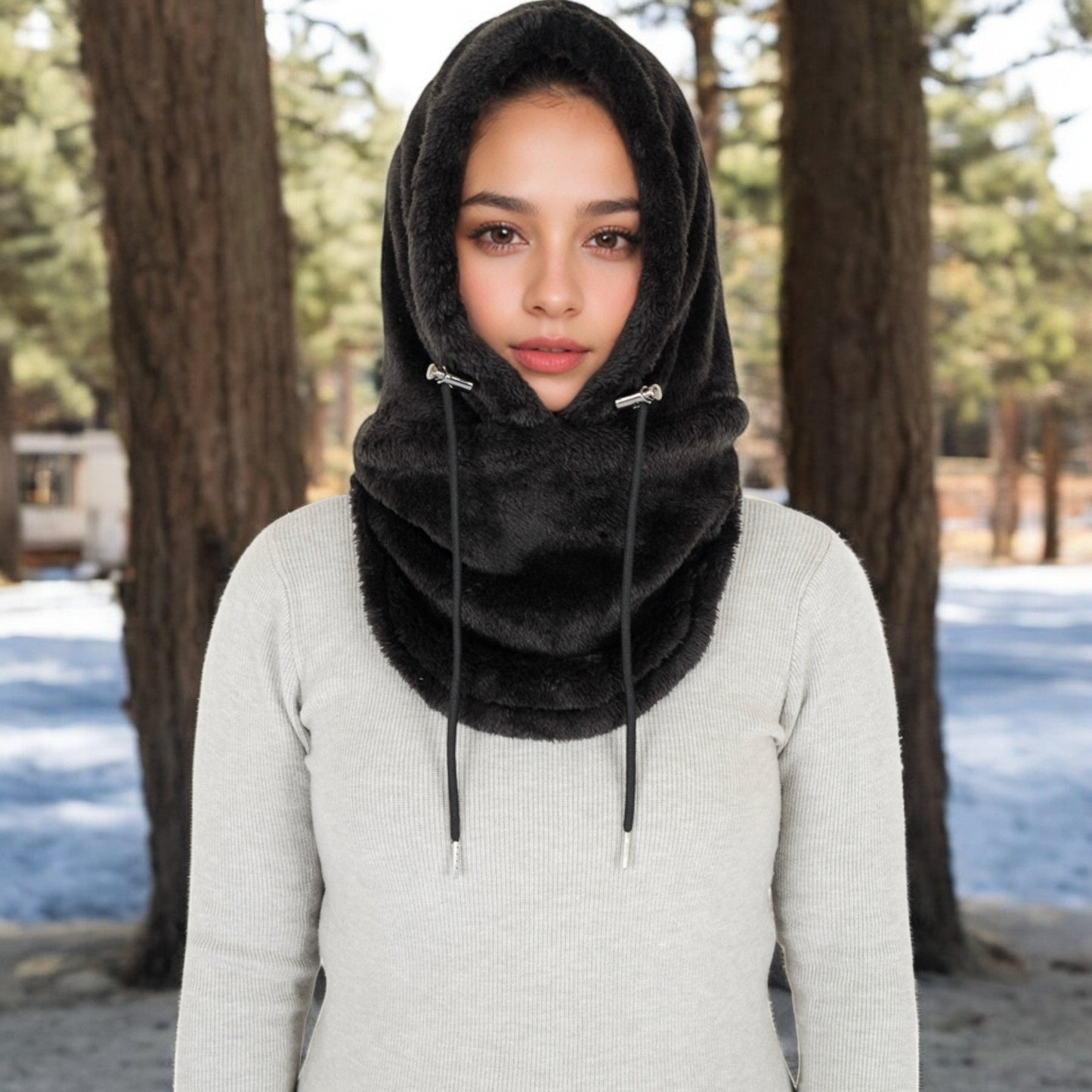 Faux Shearling Hooded Scarf with Adjustable Drawstrings and Extended Neck Coverage