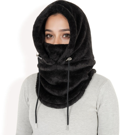 Faux Shearling Hooded Scarf with Adjustable Drawstrings and Extended Neck Coverage