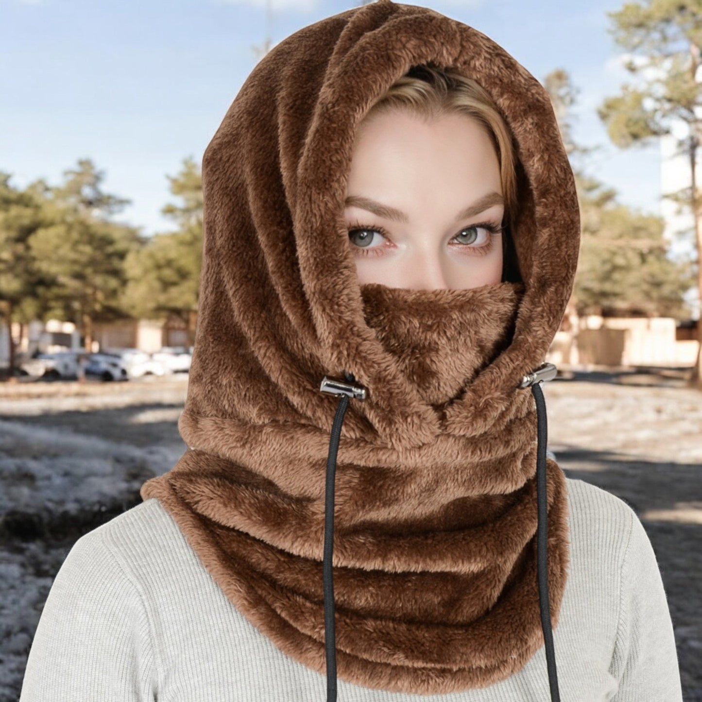 Faux Shearling Hooded Scarf with Adjustable Drawstrings and Extended Neck Coverage