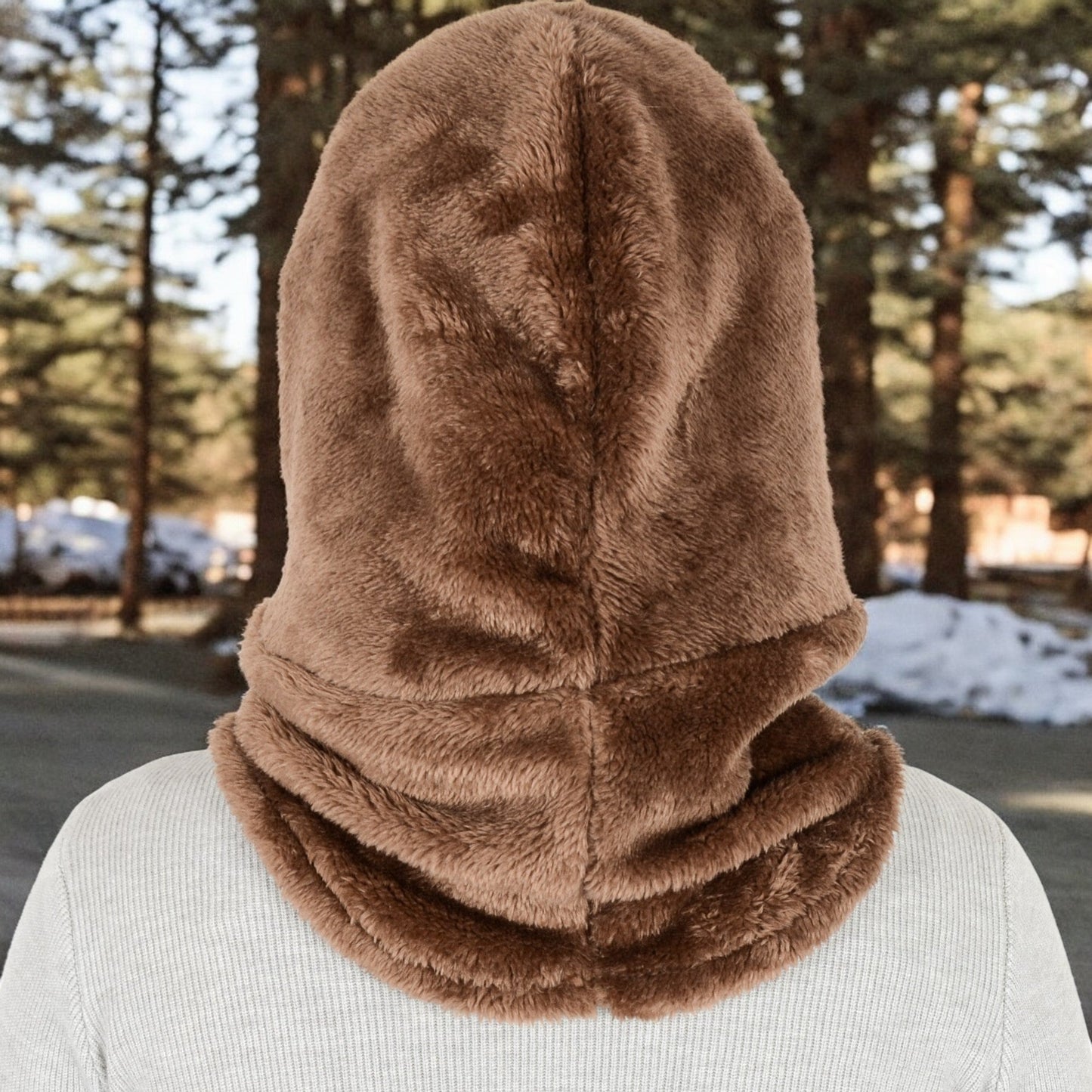 Faux Shearling Hooded Scarf with Adjustable Drawstrings and Extended Neck Coverage