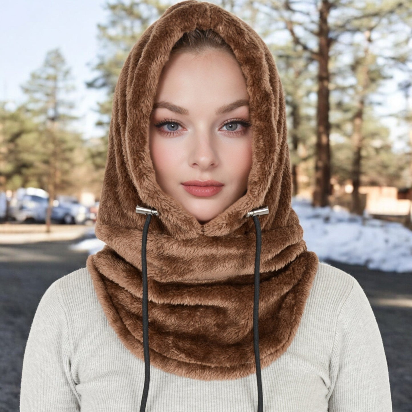 Faux Shearling Hooded Scarf with Adjustable Drawstrings and Extended Neck Coverage