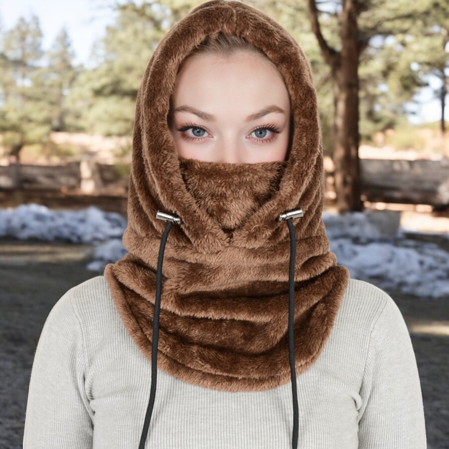 Faux Shearling Hooded Scarf with Adjustable Drawstrings and Extended Neck Coverage