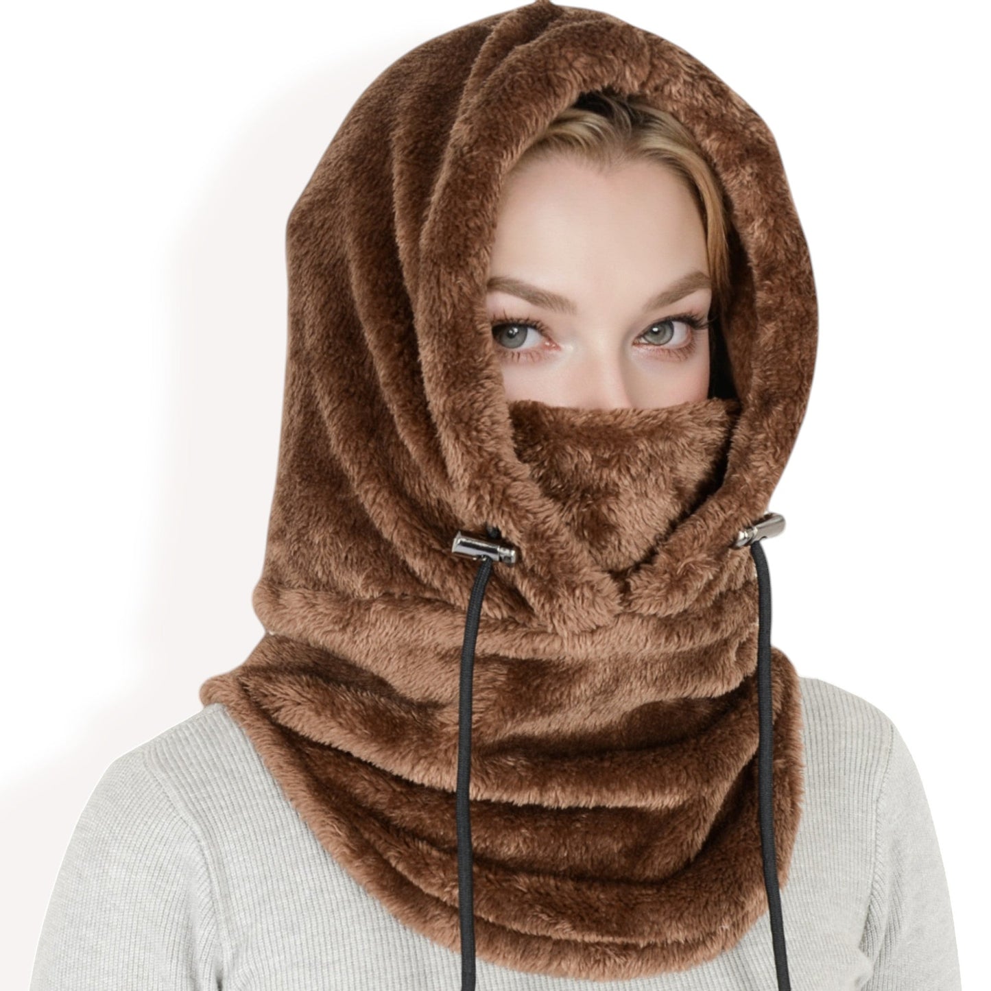 Faux Shearling Hooded Scarf with Adjustable Drawstrings and Extended Neck Coverage