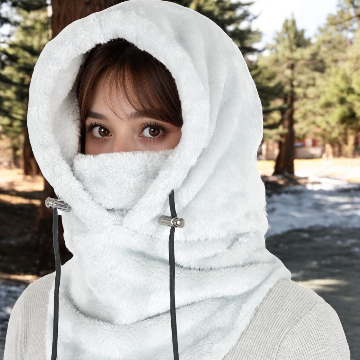 Faux Shearling Hooded Scarf with Adjustable Drawstrings and Extended Neck Coverage