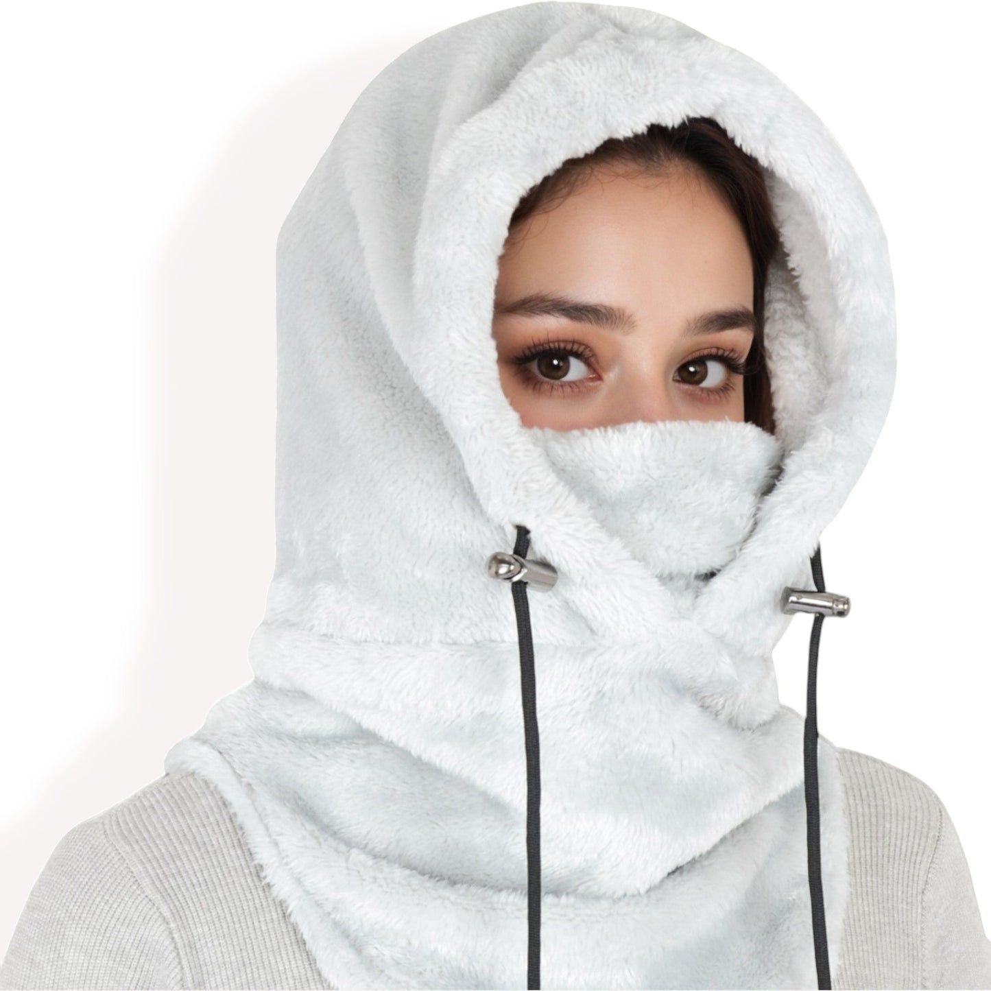 Faux Shearling Hooded Scarf with Adjustable Drawstrings and Extended Neck Coverage