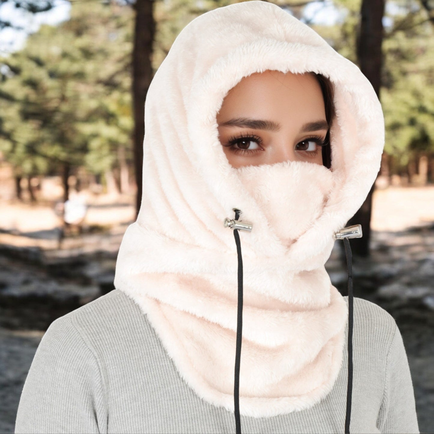 Faux Shearling Hooded Scarf with Adjustable Drawstrings and Extended Neck Coverage