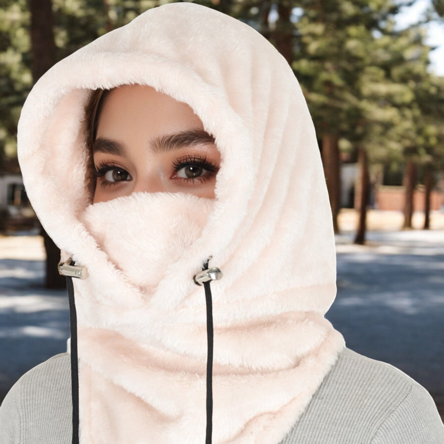 Faux Shearling Hooded Scarf with Adjustable Drawstrings and Extended Neck Coverage