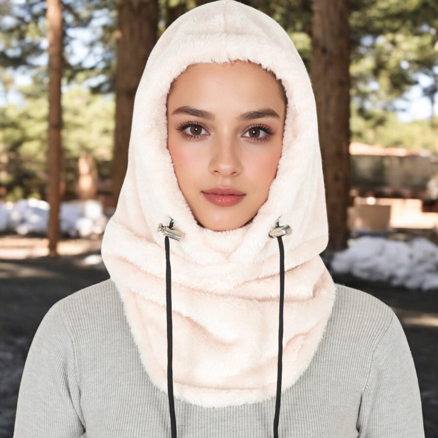 Faux Shearling Hooded Scarf with Adjustable Drawstrings and Extended Neck Coverage