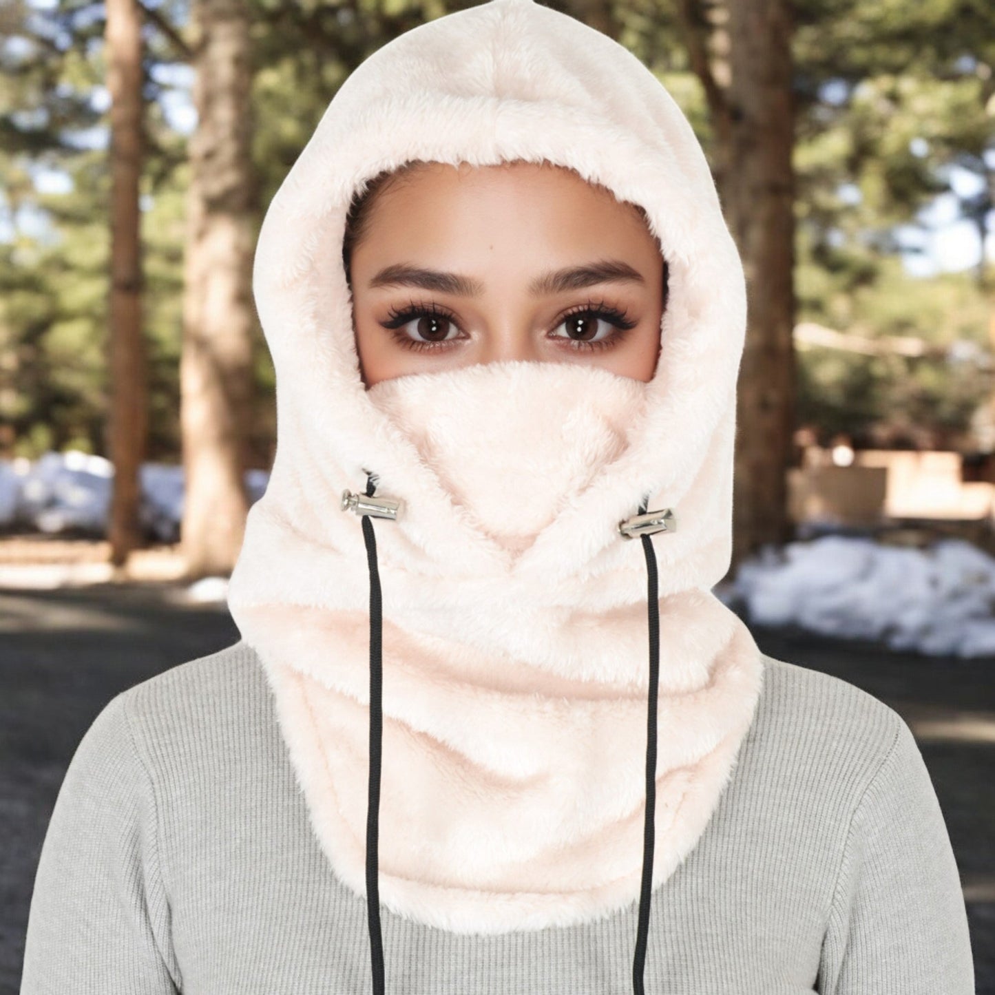 Faux Shearling Hooded Scarf with Adjustable Drawstrings and Extended Neck Coverage