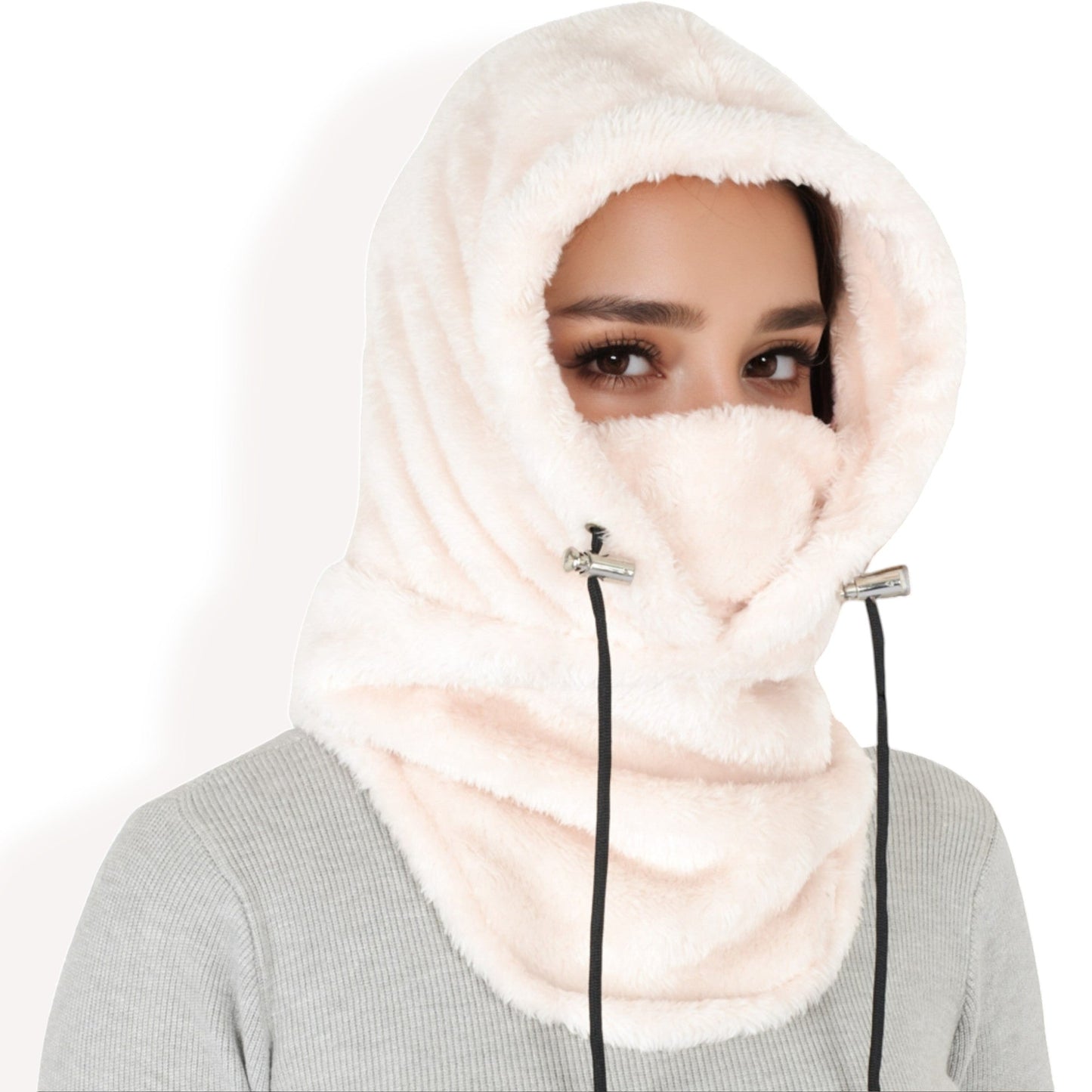 Faux Shearling Hooded Scarf with Adjustable Drawstrings and Extended Neck Coverage