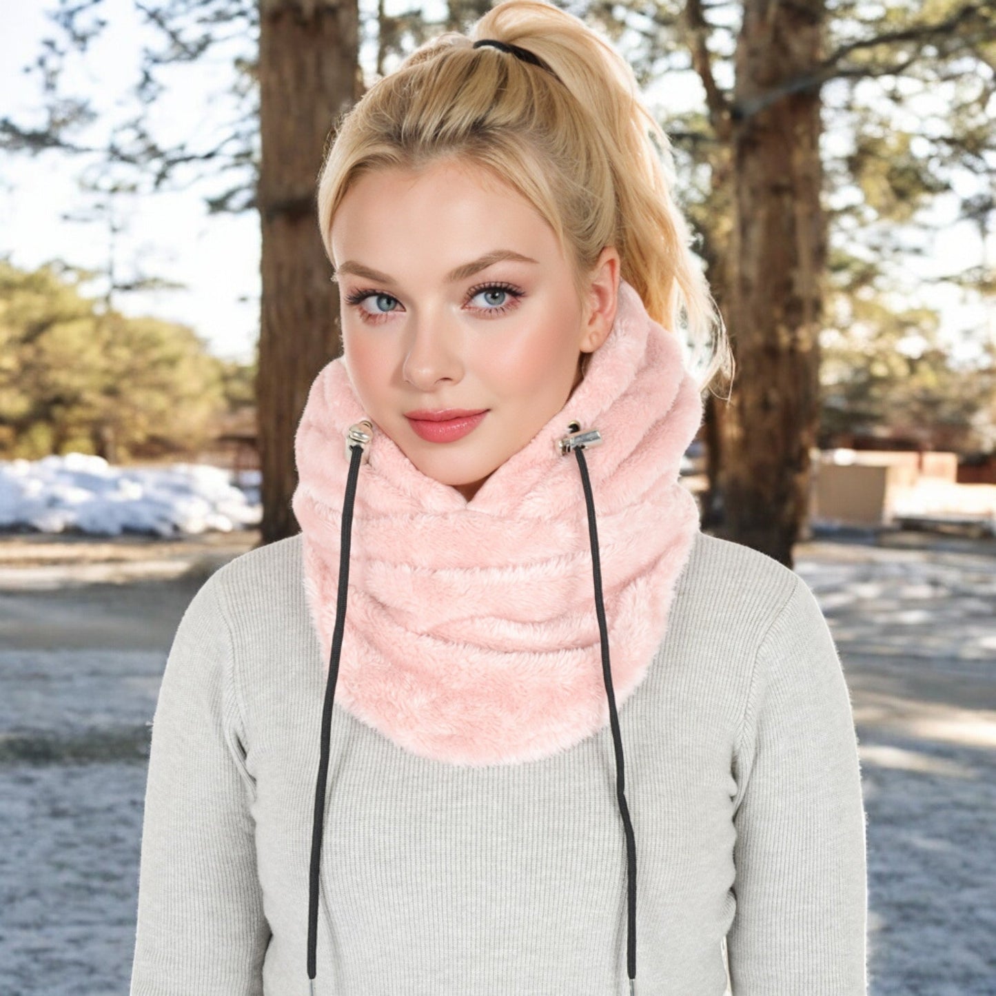 Faux Shearling Hooded Scarf with Adjustable Drawstrings and Extended Neck Coverage