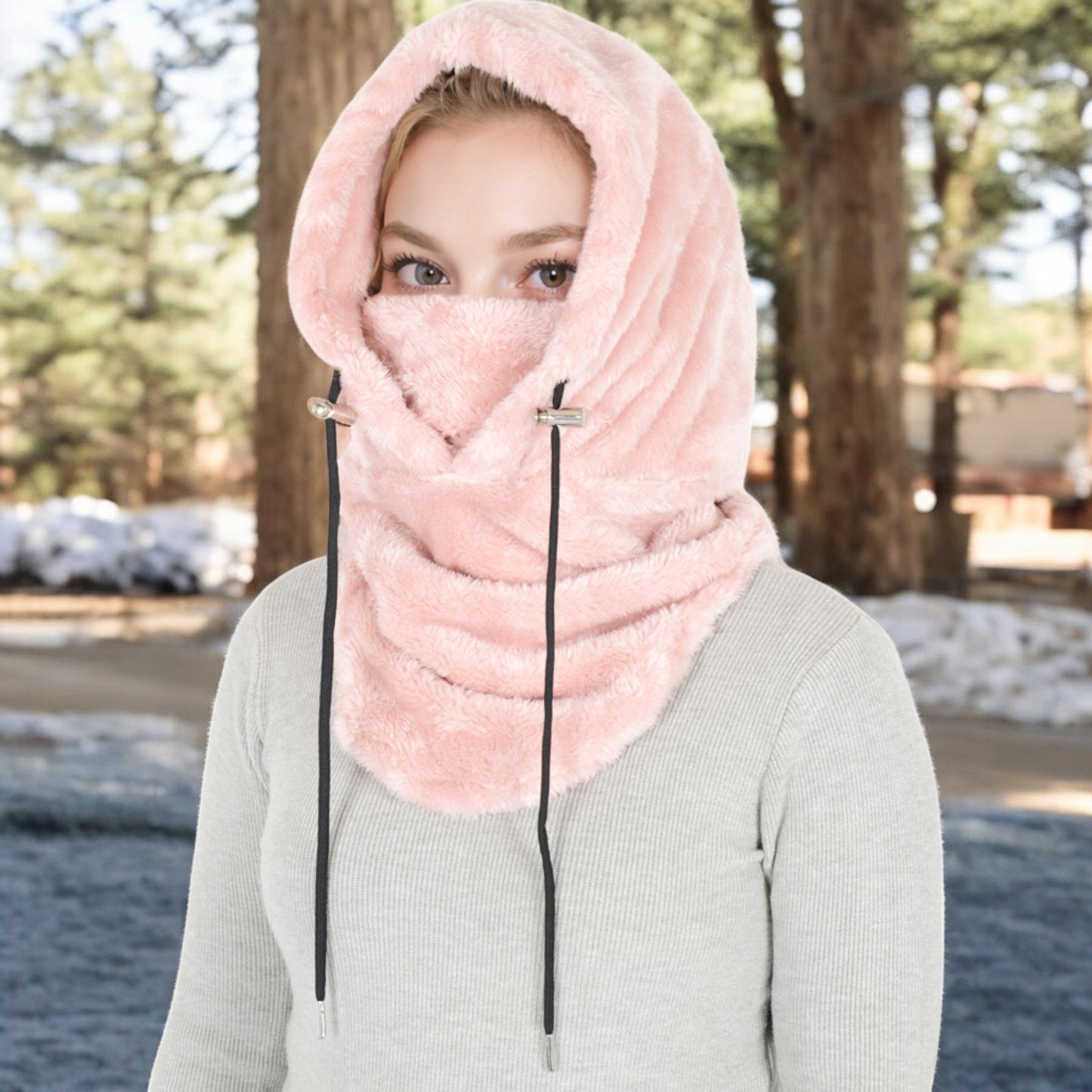 Faux Shearling Hooded Scarf with Adjustable Drawstrings and Extended Neck Coverage