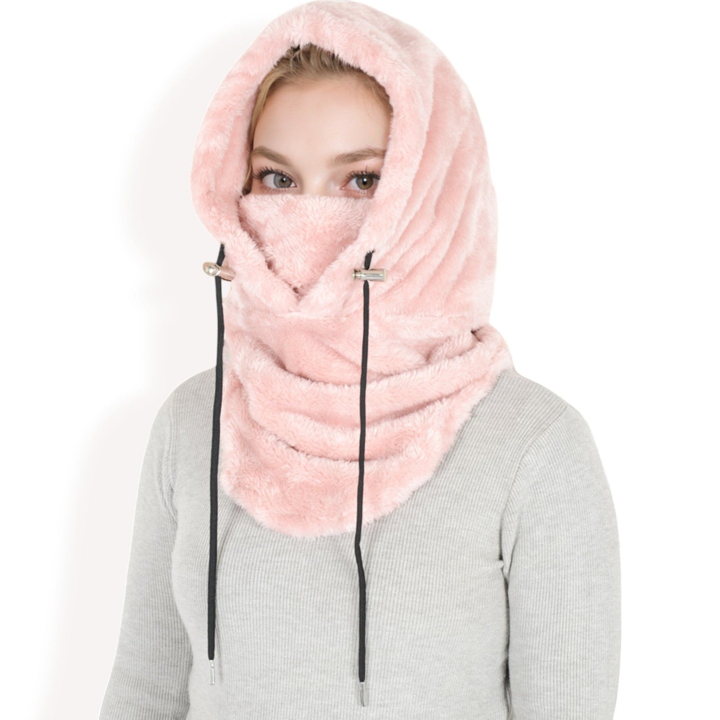 Faux Shearling Hooded Scarf with Adjustable Drawstrings and Extended Neck Coverage